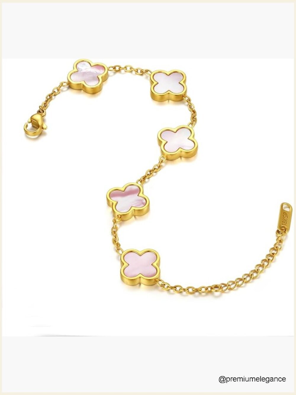 Real Mother of Pearl Four Leaf Clover Bracelet, 18K Gold Plated